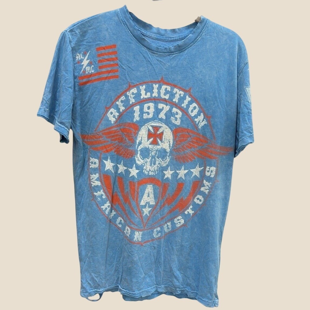 Affliction American Customs 1973 Skull Cross Graphic Tee Blue S